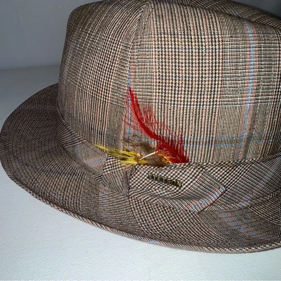 Vintage Stetson Beige‎ Plaid Fedora Hat with Feather Accent